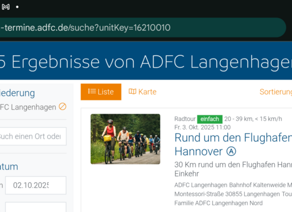 Diese Tour ist doch gerade gelaufen? Ach ne, nicht gelaufen, sondern echt abgefahren! Gerade ist sie am 3.10.2025, am "Tag der Deutschen Einheit", in Langenhagen gestartet. Beispielbild für Radtouren und Radtermine des ADFC Langenhagen