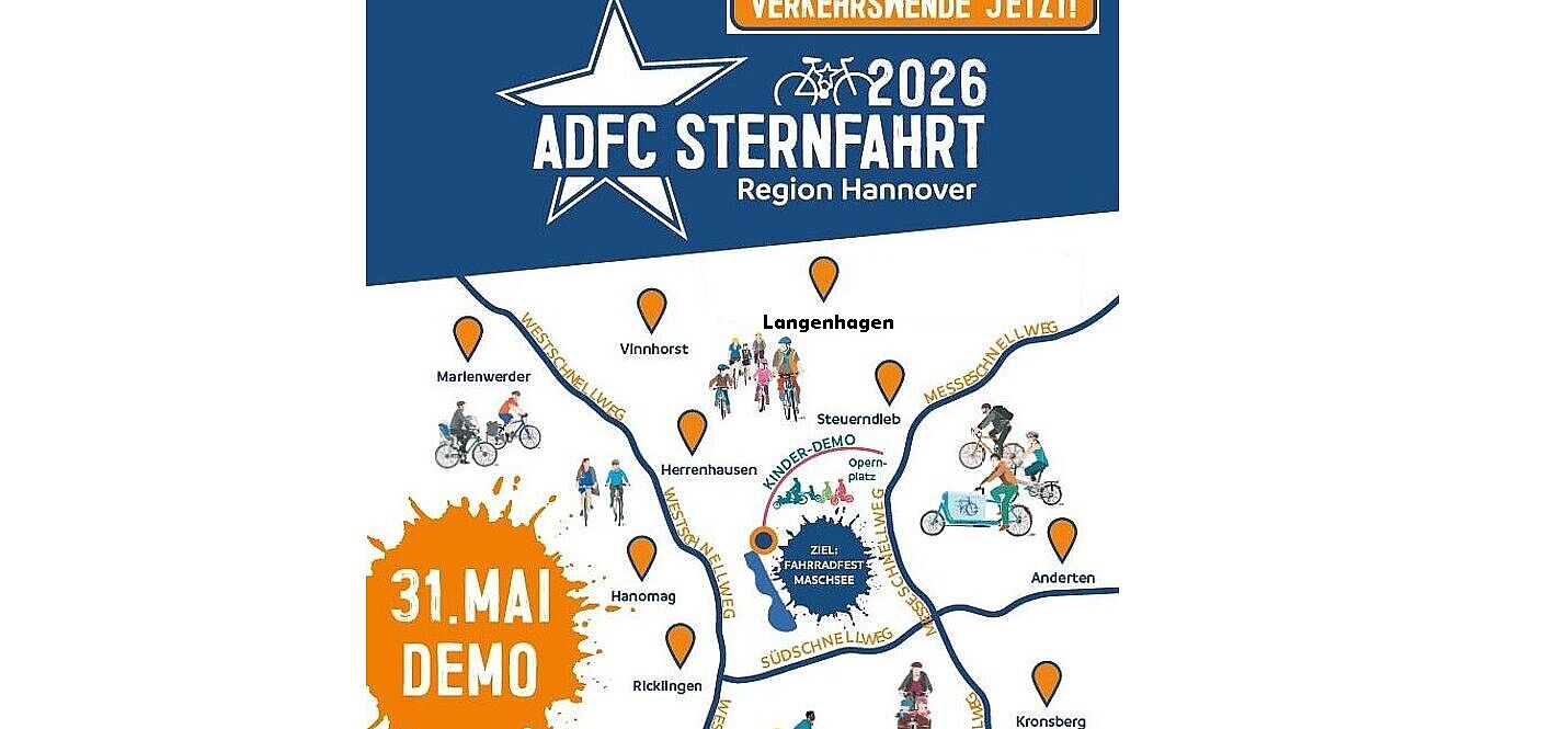 Auch ab Langenhagen, um 11 Uhr: ADFC Sternfahrt am Sonntag 31. Mai 2026