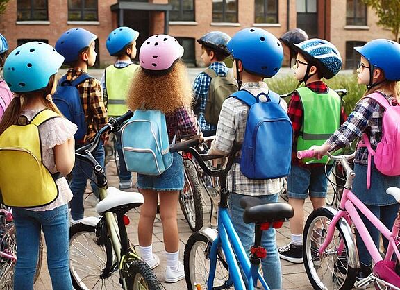 Mit Fahrrad: Viele Kinder auf dem Weg zur Schule