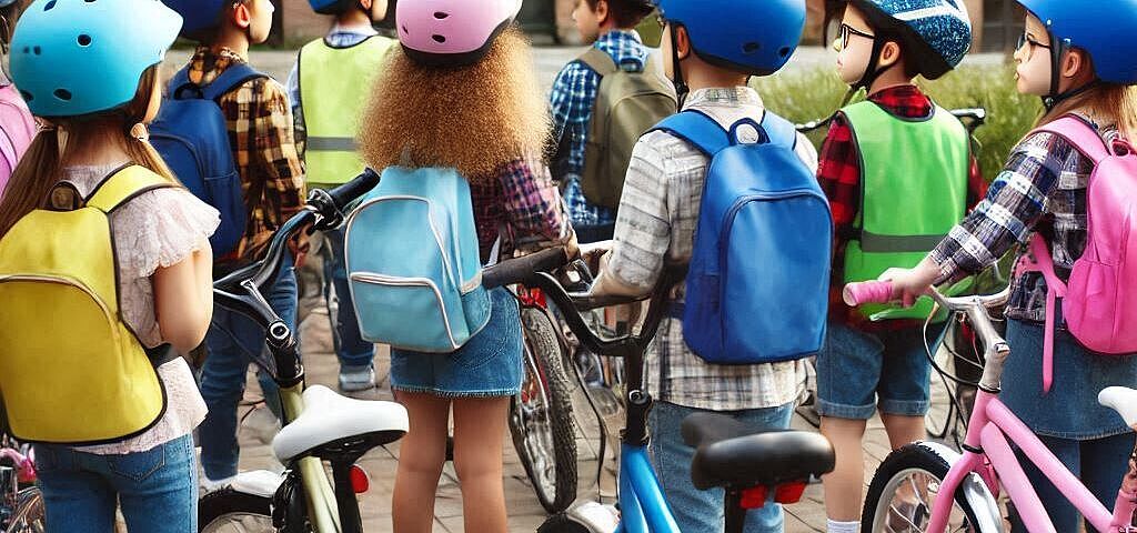 Mit Fahrrad: Viele Kinder auf dem Weg zur Schule