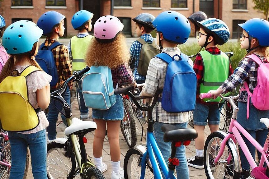 Aber sicher(er)! Mit Fahrrad: Viele Kinder auf dem Weg zur ihrer Schule Mit Fahrrad: Viele Kinder auf dem Weg zur Schule