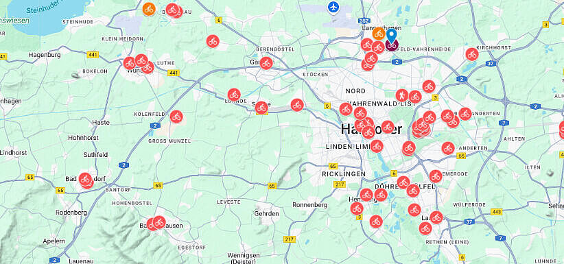 Interaktive Karte mit Service- und Reparaturstationen - Ausschnitt Region Hannover Interaktive Karte mit Service- und Reparaturstationen - Ausschnitt Region Hannover