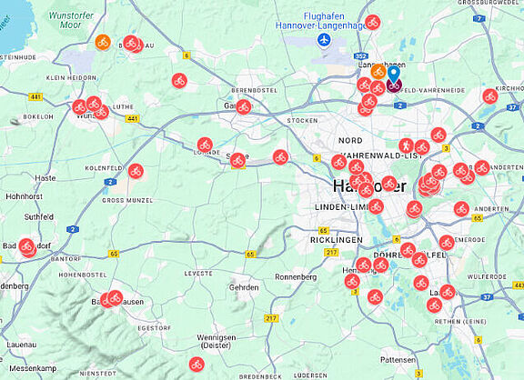 Interaktive Karte mit Service- und Reparaturstationen - Ausschnitt Region Hannover