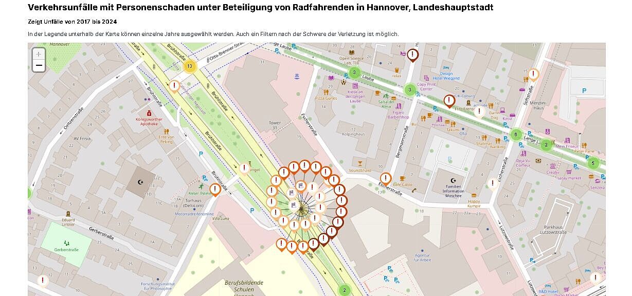 Pass besonders auf Dich auf: DAS ist die Stelle in der Region Hannover mit den meisten Radunfällen mit Körperschädigung! 30 x Körperschädigung Hannover Brühlstraße / Eschstraße 