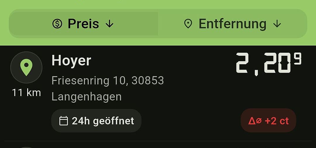 Diesel 2,209 €/l am Sonntag, 26.04.2026, 17:30 Uhr