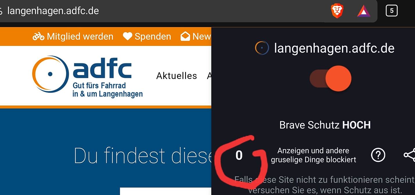 Brave "Null" mal was blockiert: Die Webseite des "ADFC Langenhagen" ist clean. Was der Webbrowser "Bravo" von anderen Webseiten hält, steht unten im Text