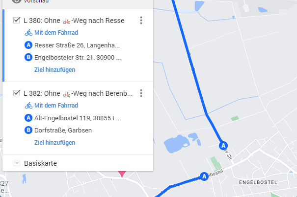 Ausgebremst! Besonders gefährlich ist's für Radfahrende auf diesen beiden Landesstraßen ohne Radweg in Richtung Berenbostel (links) bzw. nach Resse (0ben): Sehr viel Verkehr, sehr hohe Geschwindigkeiten durch schnurgerade Strecken, schwer(st)e Lkw, aber: Keine Radwege in Sicht, und deshalb gibt's da auch (kaum) Radverkehr.