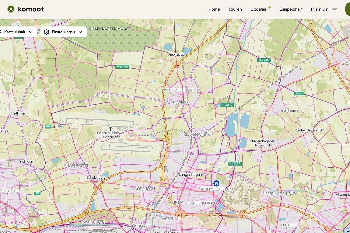 Je nach Farbe / je nach Dicke: Heatmap Langenhagen Komoot