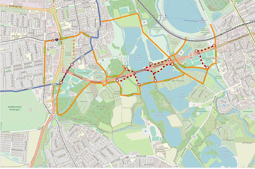 Auf einer Stadtkarte sind die Umleitungen in orange eingezeichnet, um die Baustellensperrungen am Südschnellweg in Hannover zu umfahren.