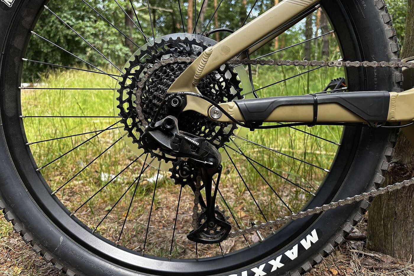 Hinterer Teil eines MTB mit Schaltung, Motor und Hinterrad. 